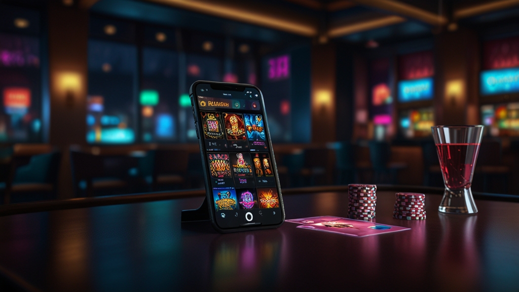 Smartphone affichant un téléchargement d’application de casino dans une ambiance sombre